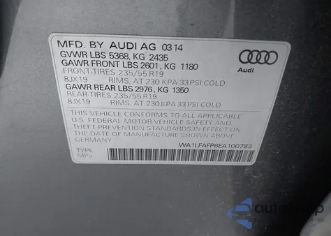 2014 Audi Q5 2.0T Premium from USA, damaged, VIN WA1LFAFP6EA100783